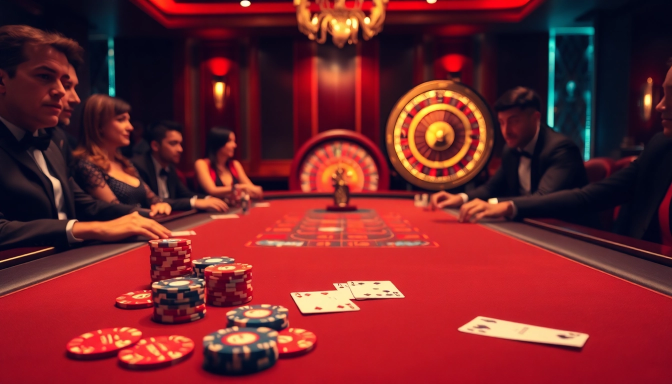 Players enjoying a high-stakes game at ZX88 casino table with vibrant chips and cards.