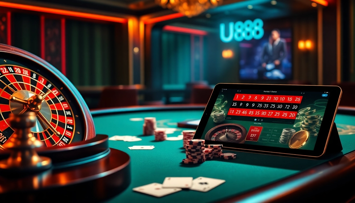 Experience the excitement of U888 with luxury casino elements like roulette, cards, and chips.