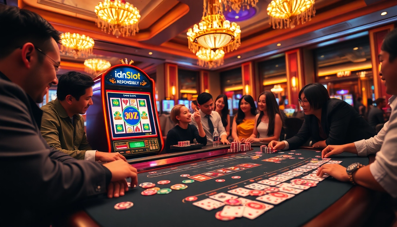 Players celebrating a jackpot win on the idnslot logo-themed slot machine in a luxurious casino setting.