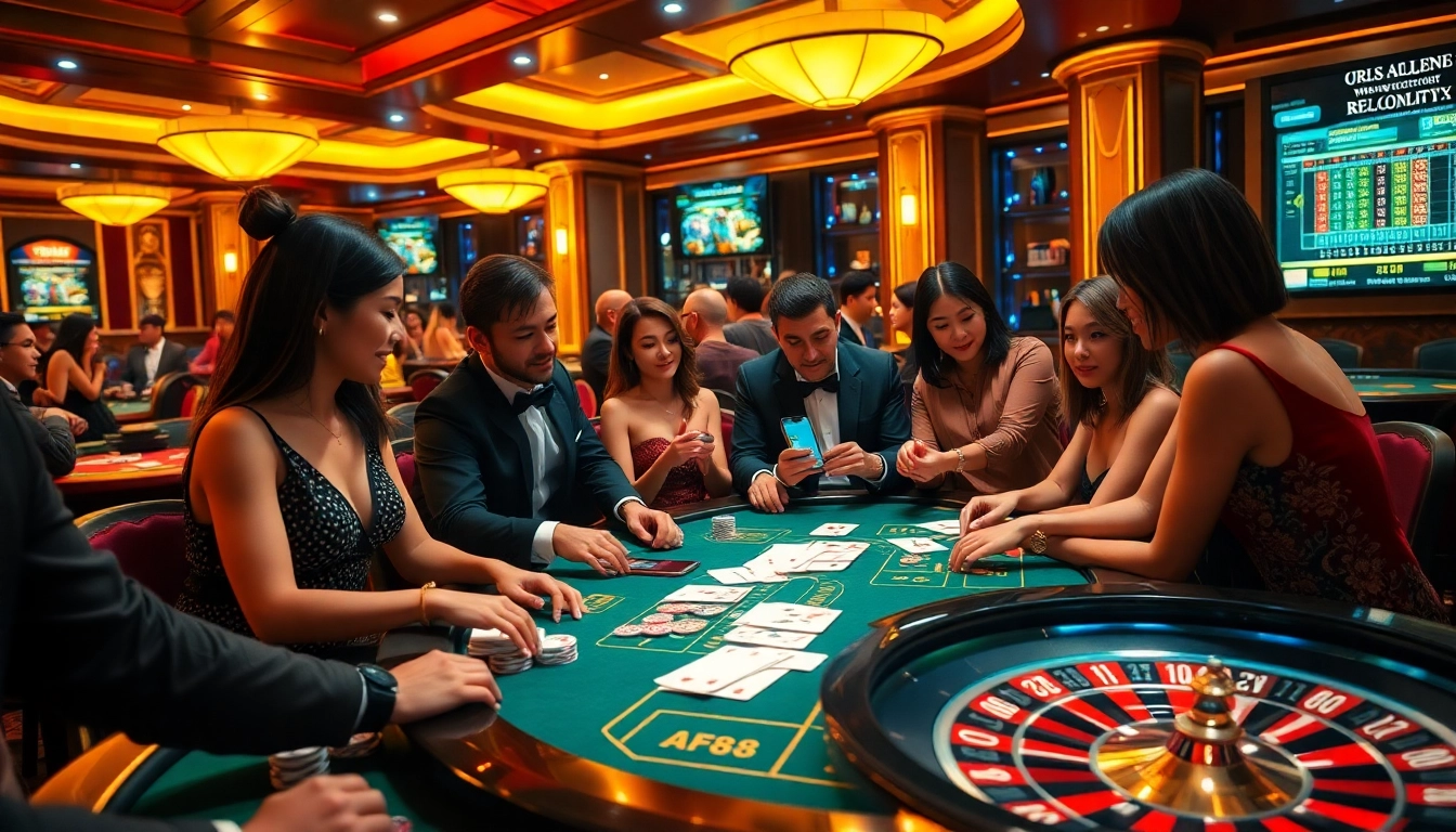 Players enjoying a thrilling game at AF88 casino with luxury elements and vibrant atmosphere.