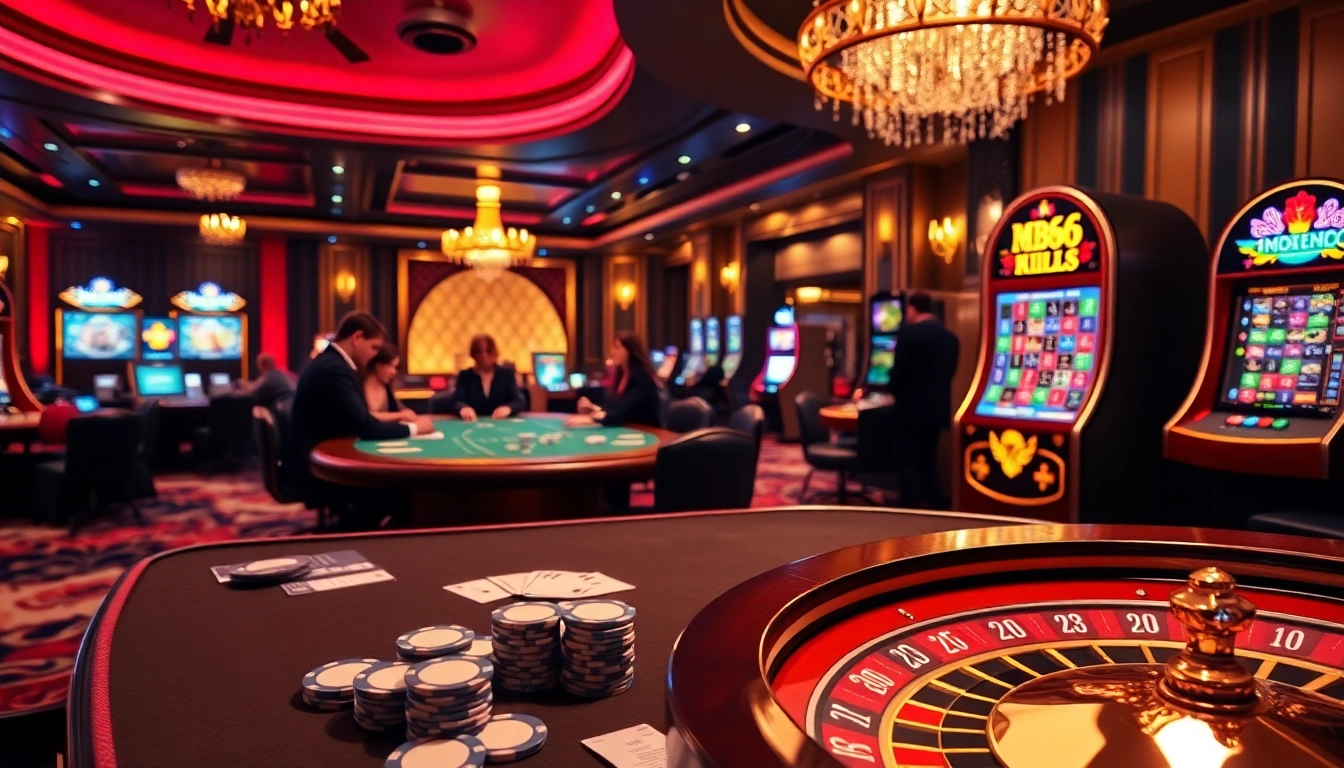 Experience thrilling gameplay at mb66 casino with a vibrant atmosphere filled with chips and roulette.