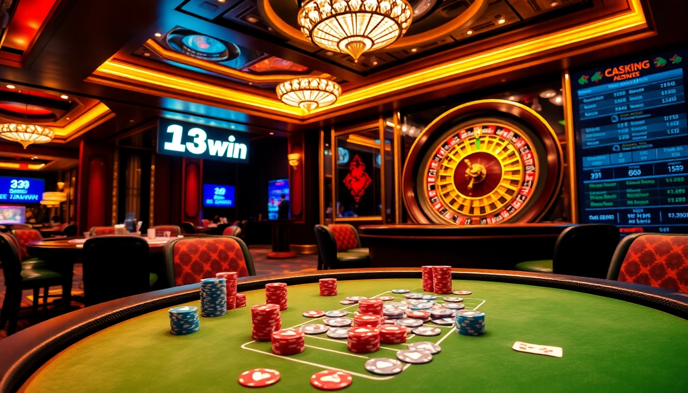 Experience the thrill of 13win casino gaming with a vibrant poker table and roulette action.