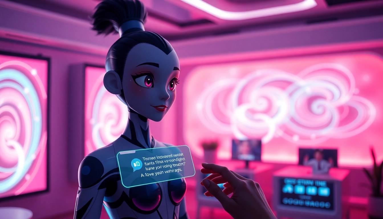 Engaging NSFW character AI interaction in a futuristic, inviting virtual room.