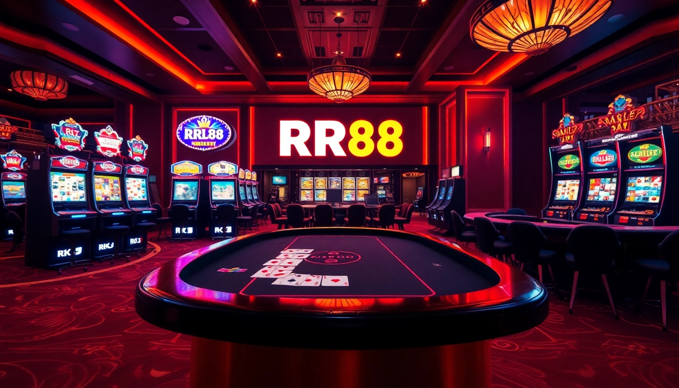 RR88 engaging casino experience featuring vibrant slot machines and poker table action.