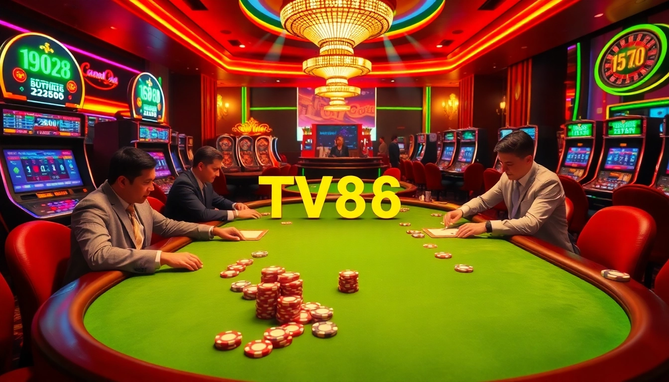 Exciting poker game at a luxurious casino showcasing TV88 and digital interfaces.