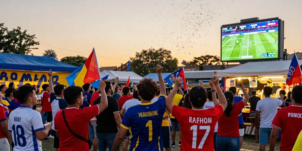 Pengalaman live streaming bola dengan penggemar merayakan dan menonton pertandingan secara langsung.